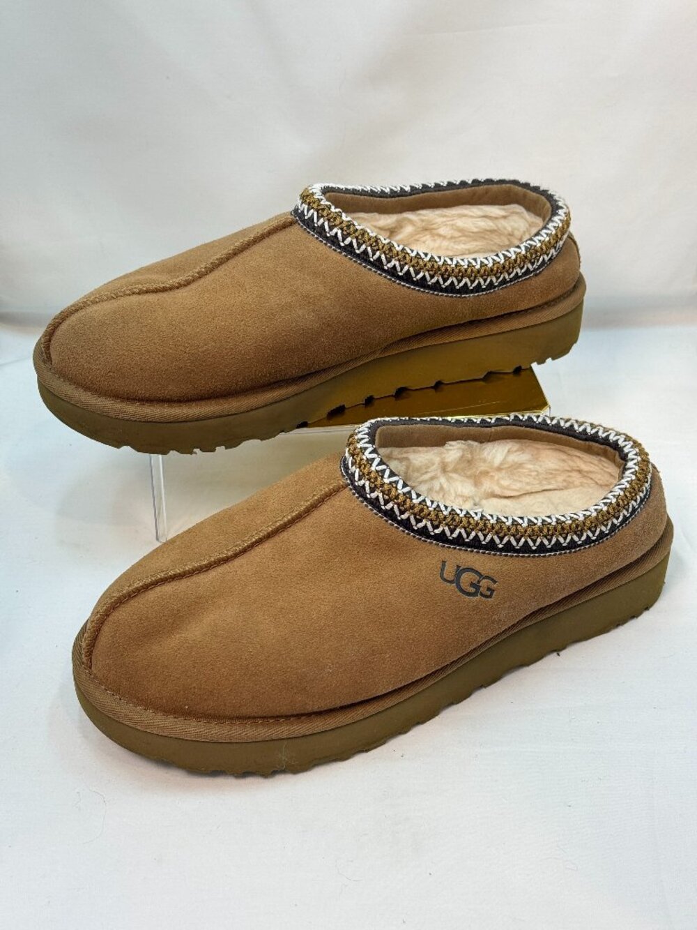 UGG Tasman Slippers Chestnut Suede Shearling Lined Embroidered Trim Size 9
